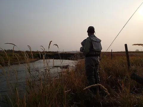 Un pêcheur à la mouche au bord d’une rivière à l’aube
